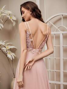 EVERPRETTY Summer Elegant Solid V-Neck Ruched Draped Split Pink Bridesmaid Dresses For Graduation - Baby Pink - View 2