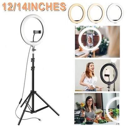 12/14" LED Ring Light With 2M Adjustable Tripod Stand, USB Power Supply, Indoor Live Beauty Light, Mobile Photography, No Batteries Required Suitable For Photography, Video Recording, Live Streaming, Zoom Meeting, With Stand Selfie Light