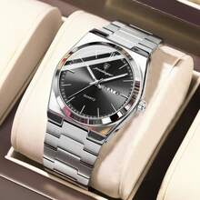 1 PIEZA Reloj de pulsera para hombre, escala de barras, manecillas luminosas, esfera redonda multifuncional con calendario dual, visualización en inglés del día de la semana, fecha y función de calendario, correa de acero inoxidable 316, estilo deportivo sencillo al aire libre, cierre de mariposa, superficie de espejo reforzada con mineral - Multicolor - Ver 1