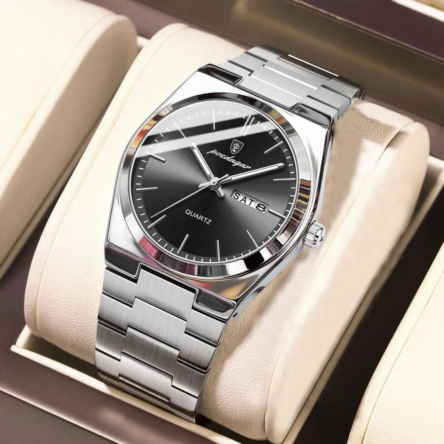1 PIEZA Reloj de pulsera para hombre, escala de barras, manecillas luminosas, esfera redonda multifuncional con calendario dual, visualización en inglés del día de la semana, fecha y función de calendario, correa de acero inoxidable 316, estilo deportivo sencillo al aire libre, cierre de mariposa, superficie de espejo reforzada con mineral - Multicolor - Ver 1