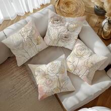 4pcs/Set Bohemian Line Rose Print Throw Pillow Covers, 17.7*17.7in (45*45cm), Single-Sided Printing, Polyester Cushion Covers For Sofa, Bed, Living Room, Bedroom, Car, Office, Hotel Decoration, Great Gift For Family And Friends, All-Season