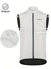Qualicos 男士户外防风自行车背心 - 简约时尚的白色透气无袖夹克，采用网眼面料和拉链口袋，适合跑步、骑自行车和户外活动，圆领运动上衣，适合所有季节，透气运动服 - 白色 - 查看 3