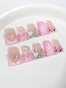 10pcs Duckbill Sweet Girly Ice Pink Blush Leopard Print French Handmade Acrylic Press On Nails, Floral Rhinestones Decorated Long Duckbill Fake Nails With Jelly Glue And Nail File, DIY Nail Art Supplies Valentine'S Day School Music Festival Travel
