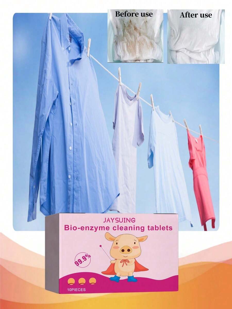 JAYSUING 10 viên sủi enzyme sinh học làm sạch quần áo, làm sạch các vết ố vàng và vết bẩn cứng đầu như cà phê, loại bỏ vết ố vàng và làm sáng vải, không gây kích ứng, bảo vệ sợi vải, phân hủy bụi bẩn.