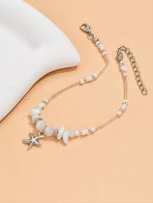 1pc Beach Vacation Style Random Shape Beaded Starfish Pendant Anklet For Women - White - View 2