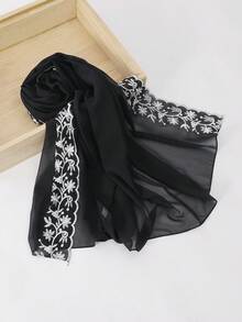 1 pieza Bufanda de mujer de unicolor con bordado de hojas de encaje y perlas falsas de gasa, elegante chal de moda malasia e indonesia para vestido - multicolor - Ver 16