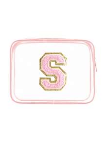 1个透明PVC便携式收纳袋，带毛巾，绣有字母A-Z，大容量化妆品收纳包，防水，带拉链，化妆包，化妆品袋，旅行收纳包，美妆包，可装口红