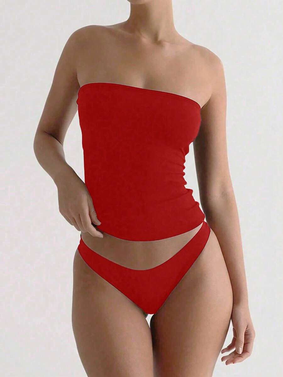 Womens Solid-Color Slim-Fit Tube Top And Fashionable Low-Waist Bodycon Skirt