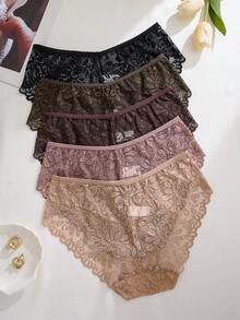 5 pièces/paquet Culottes taille mi-haute ajourées en dentelle pour femmes, couleurs assorties - Multicolore - Voir 2