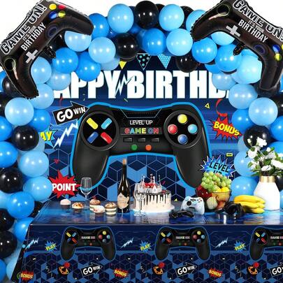 80 pièces Set de guirlande d'arche de ballon sur le thème du jeu vidéo, comprenant des ballons en latex bleu foncé, bleu clair, noir et des ballons en feuille de contrôleur de jeu. Parfait pour les décorations de fête d'anniversaire, les décorations de fête, les fournitures de fête sur le thème du jeu.