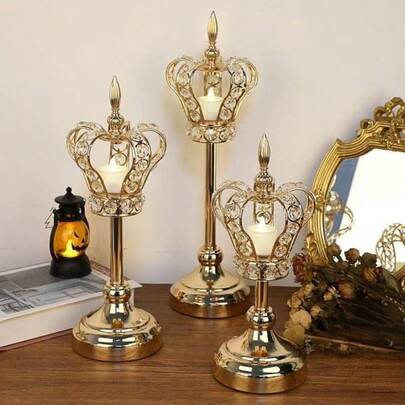 1/3 件水晶皇冠烛台，奢华金色烛台，适用于婚礼餐桌中心装饰、圣诞节、生日装饰、送给朋友的礼物、卧室、客厅、家居装饰、新年庆祝、情人节（无蜡烛）