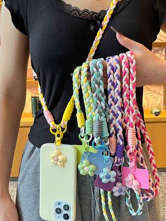 Cuerda colgante de teléfono móvil de estilo contrastante de cinco pétalos de flor de caramelo de celebridad de Internet, de estilo Ins, tejida a mano, resistente y duradera