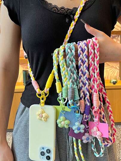 2026 Año Nuevo, Día de San Valentín, Accesorio de teléfono con flor de 5 pétalos al estilo de celebridad de internet, dopamina, bandolera diagonal larga, estilo Ins de color de contraste, hecho a mano, duradero, adecuado para viajes al aire libre, senderismo, unisex, soporte de teléfono con correa corta, muñequera para smartphone, cordón para smartphone, llavero, colgante de smartphone, bolso de hombro para smartphone, accesorios para móviles, colgante móvil