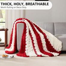 Chunky Knit Blanket - Soft Chenille Yarn Throws 40x50: Handmade Thick Cable Crochet Blanket - Large Chunky Yarn Rope Knot Throw For Couch, Sofa, Bed Home Decor - 紅白色 - 查看 6
