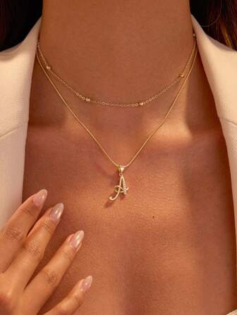 2 pièces/Set Collier Pendentif de lettre A-Z plaqué Or 14 carats avec Cubic Zirconia, Collier Ras du Cou à Plusieurs Couches, Collier Décontracté Personnalisé pour Femmes