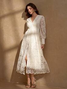 优雅V领开衩下摆女式奢华别致连衣裙 - 杏色 - 查看 4