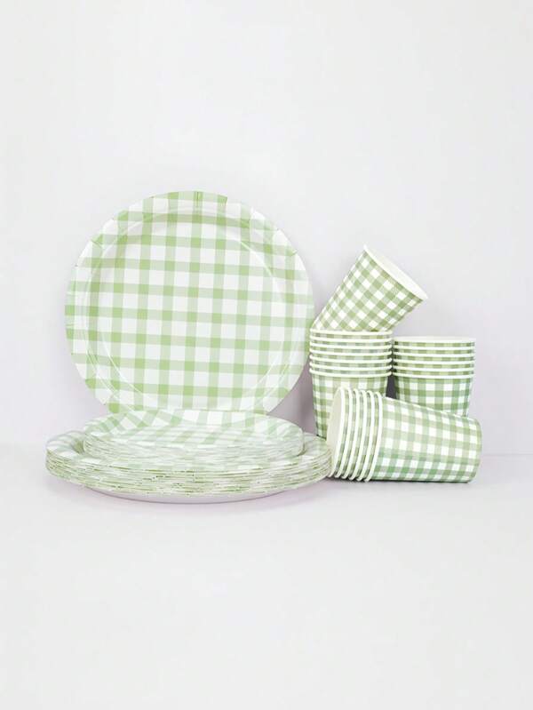 10pcs/30pcs/60pcs Sage Green Gingham Party Supplies Green And White Scalloped Checked Paper Plate Cups Tableware Set Greeny Plaid Plates Disposable Sage And White Plaid Party Decor For Birthday Family Picnic BBQ