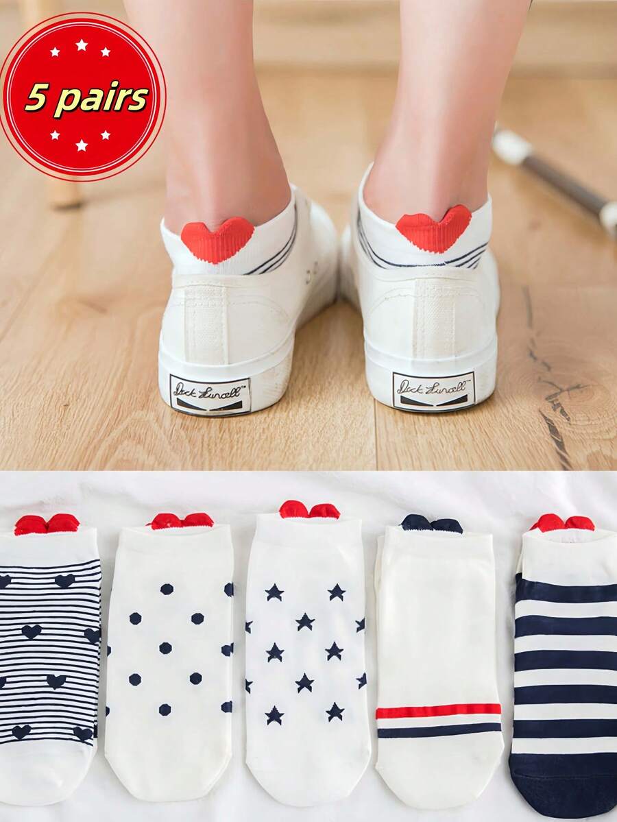 5 Pairs Heart Shaped Design Women Short Socks, And Sweet New Boat Socks For Spring, Summer, And Autumn - Multicolor - View 1