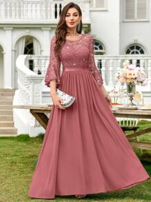 MIUSOL Sequin Floral Lace Flare Sleeve Contrast Chiffon Formal Party Maxi Dress, Elegant Party, For Wedding Guest, Graduation, Dinner,Gown,Evening