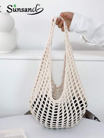 ENBEI Summer Fashion Vacation Beach Bag, Elegant White Women's Bag, Crochet Bag Women Carry-On Bag, Lunch Bag, Shoulder Bag Travel Essentials, Essentials, Suitable For Daily Leisure, Vacation, Shopping And Clothing Matching Business Casual Women, College Students, Mother's Day Gift Wedding Bride Bridesmaids Gift