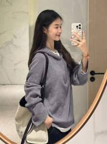 Women's Solid Color Half-Zip Hooded Long Sleeve Sweater, Autumn/Winter