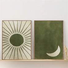 1/2 件太阳和月亮简约墙面艺术装饰海报橄榄绿抽象几何帆布印刷时尚画作适用于客厅卧室家庭办公室宿舍装饰墙面背景设计图片可选框架 - 彩色 - 查看 2