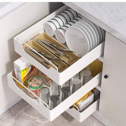 Pull Out Cabinet Organiser  Kitchen Cupboard Organiser Adjustable Pull Out Kitchen Storage No Drilling And Nailing Required White 42 * 25 * 6.8CM