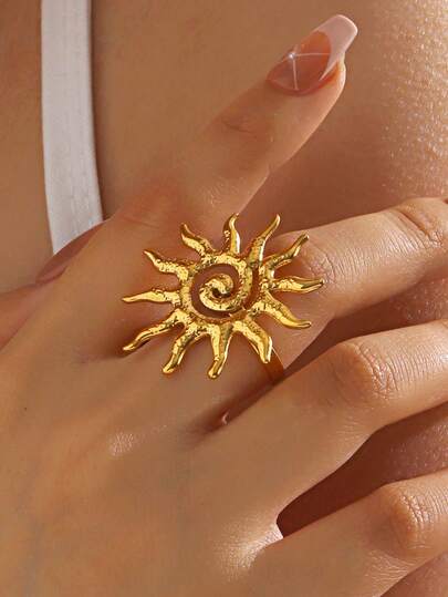 1 pieza Anillo abierto con forma de sol chapado en oro de 18K de acero inoxidable minimalista, adecuado para el uso diario de las mujeres