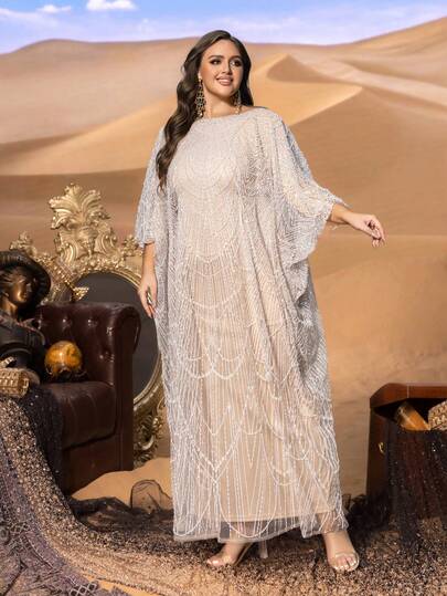 Faeriesty Luxurious Plus Size Kaftan Dress For Women – Elegant Abaya Robe With Silver Sequin Embroidery, Flowing Maxi Length, And Dolman Sleeves For Desert Photoshoots, Middle Eastern Weddings, Luxury Resort Wear, And Evening Galas​ Party Formal