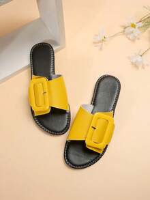 Sandálias Rasteiras de Praia Estilo Casual com Estampa Sólida, Biqueira Aberta, Tipo Deslizante, Novo Estilo Europeu e Americano para Mulheres