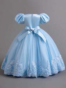 Young Girls Puff Sleeve Elegant Embroidered Floral Net Yarn Party Dress, Suitable For School Performance, Birthday, Does Not Include Hair Accessories - 淺藍色 - 查看 2