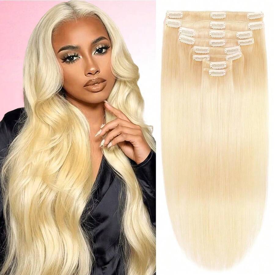 Straight Clip In Human Hair Extensions For Women 8Pcs 120g Straight Clip Ins 18Clips Double Weft Human Hair Full Head Clip In Hair Extensions - S613 - 查看 1