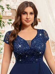 Vestido corto de gasa con cuello de pico profundo, encaje con lentejuelas, volante de contraste y bajo en línea A, ideal para fiestas, graduación, boda informal y cumpleaños - Azul Marino - Ver 9