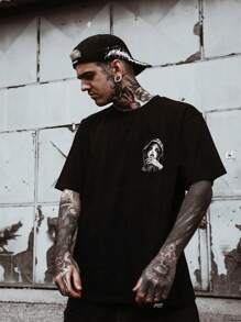 Maglietta casual estiva da uomo a maniche corte, stile vintage scuro, collo rotondo, in tessuto di poliestere, adatta per sport e fitness