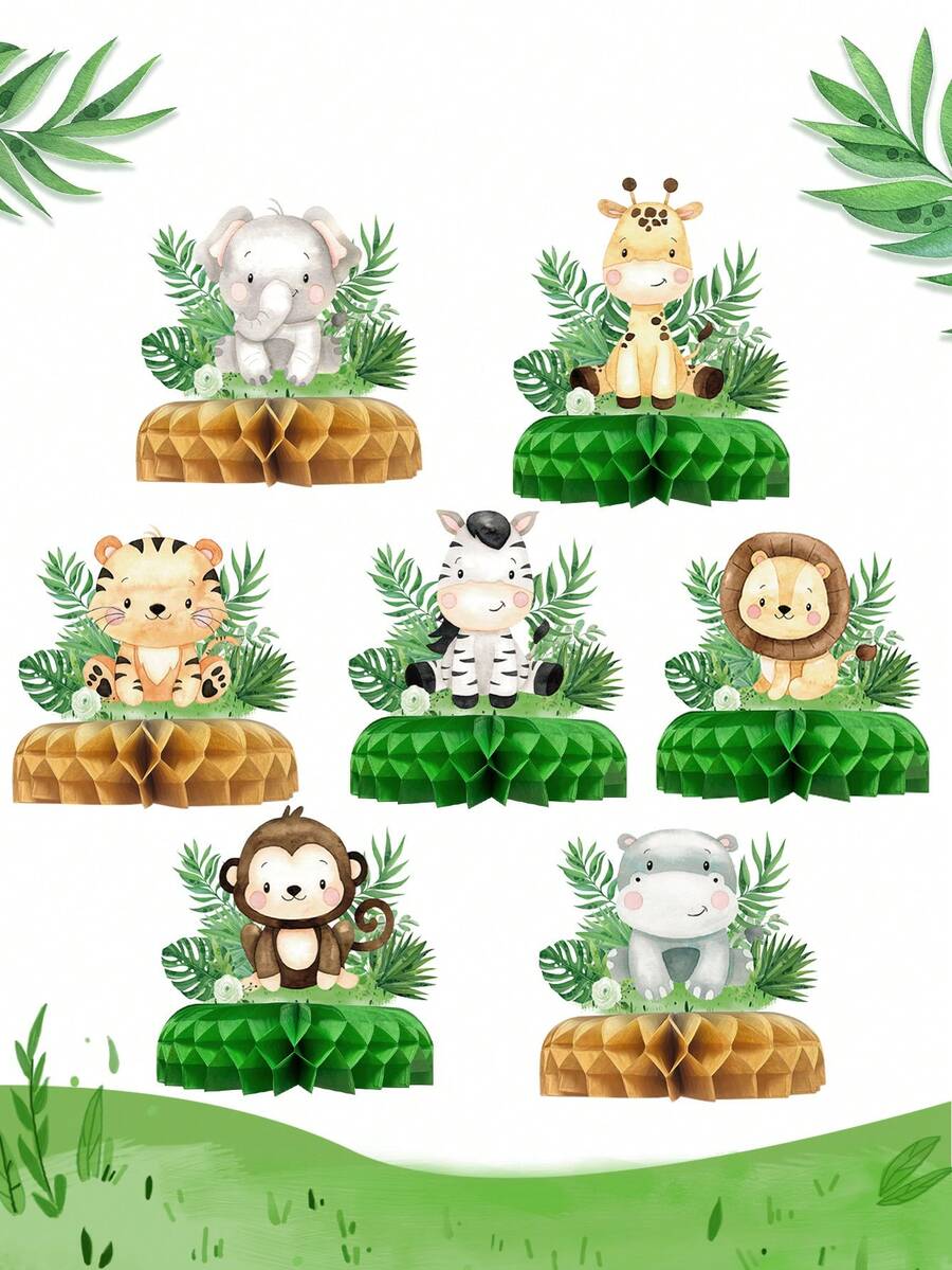 7pcs Jungle Animal Theme Birthday Party Honeycomb Decorations, Jungle Animal Pattern Baby Shower Party Background Decor Honeycomb, Gender Reveal Party Photo Props, Jungle Animal 1st Birthday Party Honeycomb Decor Set, Room Decor Tabletop, Baby Shower Party Decorations, Baby Shower Party Favors, Gender Reveal Decorations