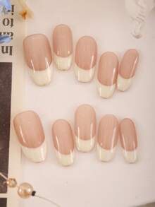 XEERCOOU 10 件法式奶油风金色边缘按压指甲办公室日常佩戴假指甲人造指甲套装包括 1 片粘合片和 1 个迷你指甲锉指甲用品指甲 - 彩色 - 查看 1