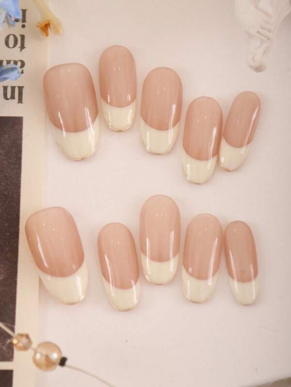 XEERCOOU 10Pcs Nails French Style Cream Wind Golden Edge Press On Nails Office Daily Wear False Nails Artificial Nails Kit Includes 1Sheet Adhesive Tabs &1 Pc Mini File Nail Supplies Nails
