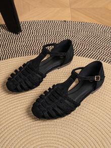 女士镂空角斗士凉鞋 T 型带踝带闭合趾平底凉鞋编织透气休闲镂空一脚蹬平底夏季沙滩鞋，棕色 - 黑色 - 查看 1