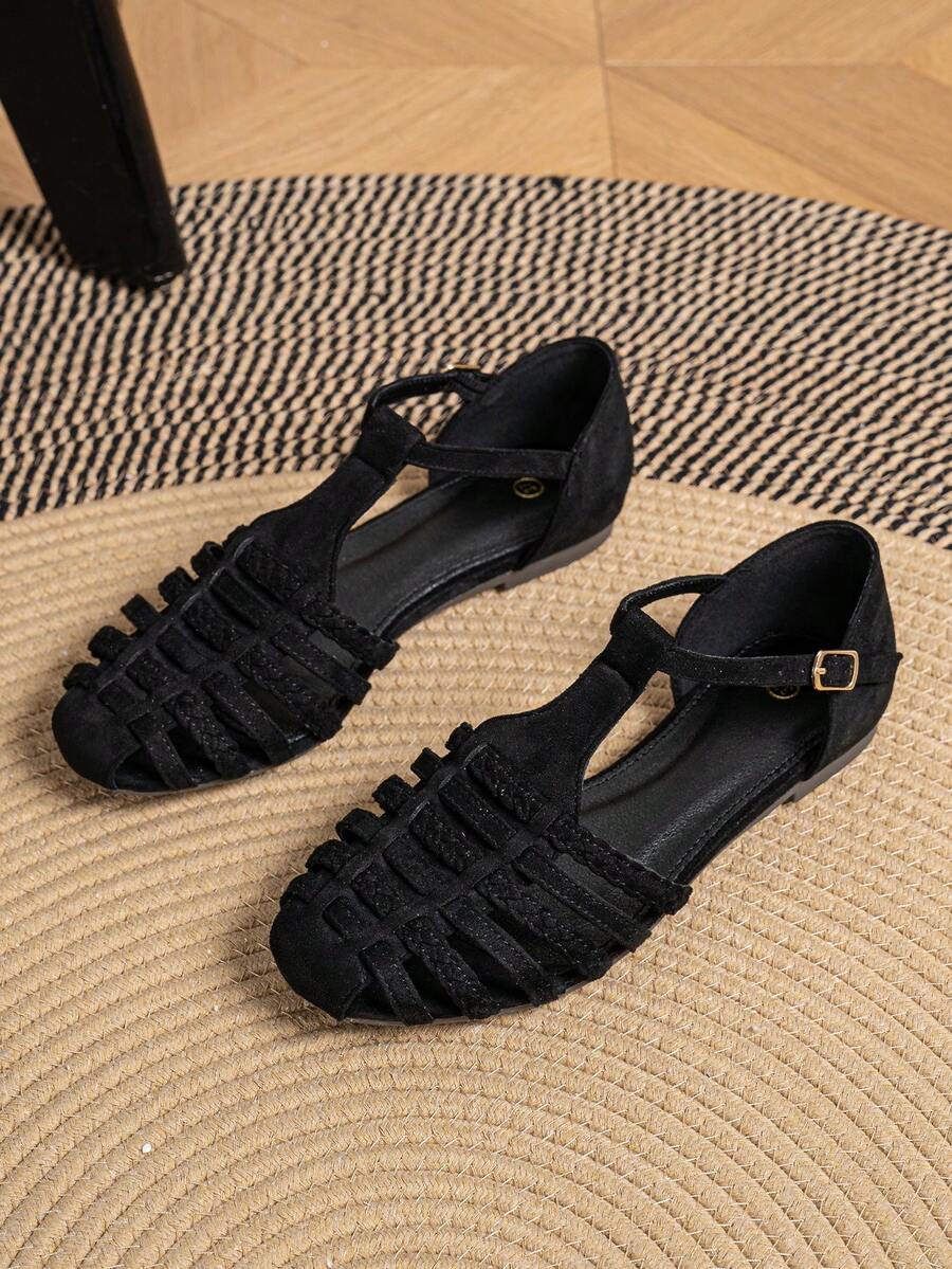 女士镂空角斗士凉鞋 T 型带踝带闭合趾平底凉鞋编织透气休闲镂空一脚蹬平底夏季沙滩鞋，棕色 - 黑色 - 查看 1