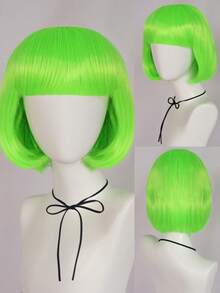 活力活泼的绿色直发鲍勃假发，带刘海，外观自然，非常适合成人或儿童时尚甜美可爱的万圣节派对、音乐节、角色扮演和日常穿着 - 螢光綠 - 查看 1