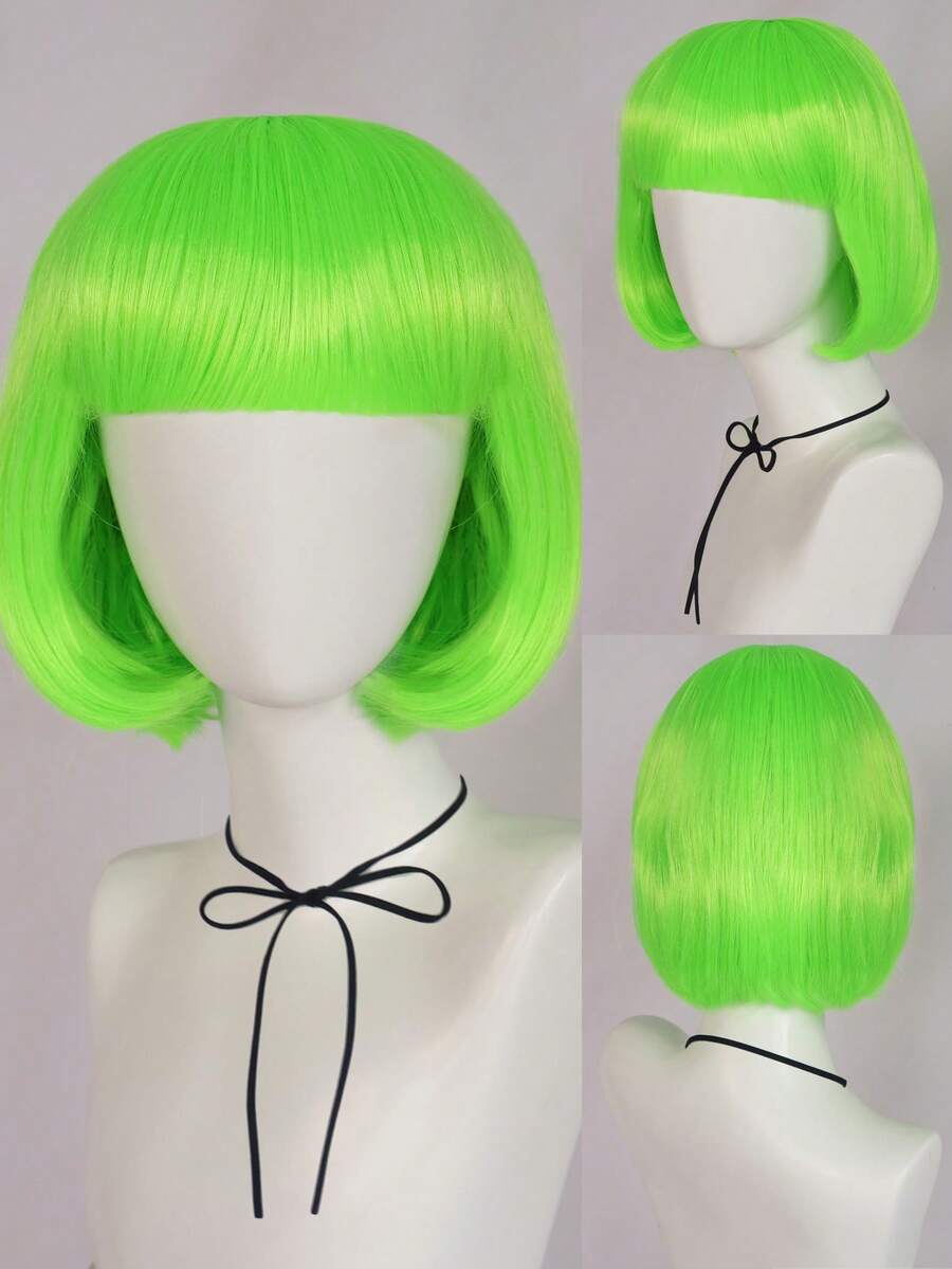 活力活泼的绿色直发鲍勃假发，带刘海，外观自然，非常适合成人或儿童时尚甜美可爱的万圣节派对、音乐节、角色扮演和日常穿着 - 螢光綠 - 查看 1