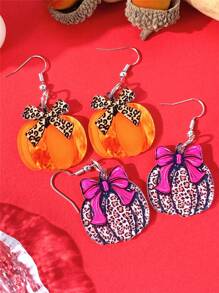 1 Pair Charming Leopard Bow Ribbon & Pumpkin Acrylic Drop Earrings, Perfect Thanksgiving Gift, Cute Holiday Style For Daily Wear, Women