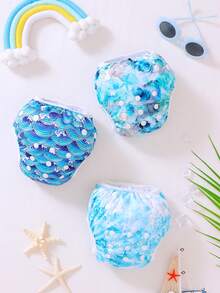 3pcs Random Prints Cloth Swim Diaper Reusable Swimming Diaper Pants Adjustable Swim Diaper For Swimming Lessons Baby Girls,Boys,Netural Color Swim Diaper(The Prints Cycle Will Be Reversed)