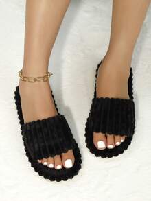 Women's Fashion One-Toe Black Fluffy Plush Slippers, Soft Lightweight Indoor Home Slippers, Carpet Silent Slippers, All Season Slippers - Black - View 3