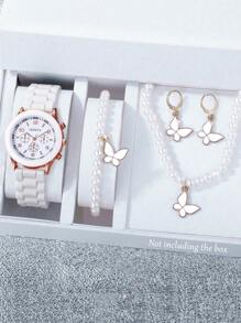 Conjunto de 5 piezas de joyería para niñas que incluye reloj de cuarzo con pulsera de silicona elegante, collar, pulsera y aretes con diseño de mariposa - regalo ideal para Halloween, Navidad, amigas y uso escolar