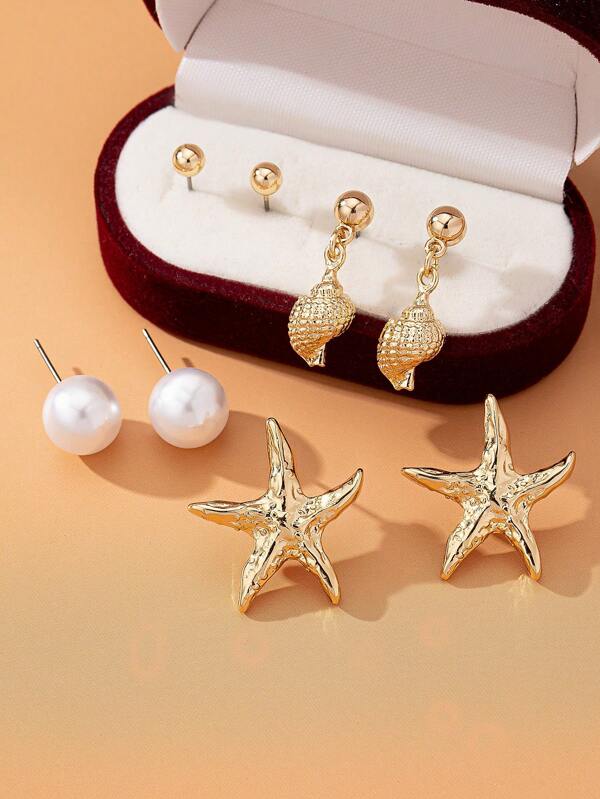 4 Pairs Summer Seastar & Shell Dangle Earrings Set, Beach And Coastal Fashion Jewelry For Women