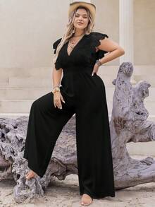 Rusttydustty Combinaison ample en vacances de style bohème pour femmes grande taille, col V profond noir, manches courtes - Noir - Voir 5