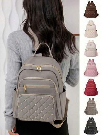 7色休闲铆钉装饰女士背包，菱形图案拉威尔收纳背包，多功能尼龙背包，轻巧背包，便携，笔记本电脑隔层，容量大，适合女大学生，大学，初中，高中，户外，旅行，郊游，小学，菜鸟的日常办公