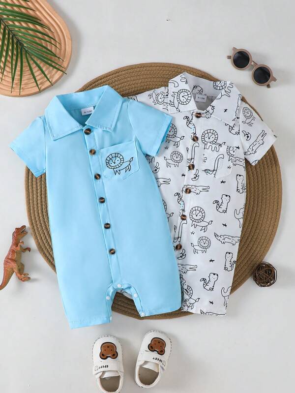 2pcs Lion, Tiger, Crocodile, Elephant Print Romper Set, Summer