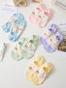 5 Pairs Of Women's Boat Socks, New Spring And Summer Season Short Socks, Cute Cartoon Plush Teddy Bear Invisible Socks, Popular Ice Cream Candy Colored Series Plain Socks, Heart Striped Pattern Sweet Girl Must-Have, Suitable For Indoor Rest Or Outdoor Sports Wear - Multicolor - View 7